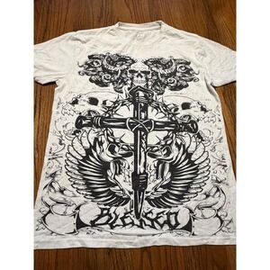 Return To Sender Mens Blessed Skull Cross Graphic T-Shirt Grey Gothic Large